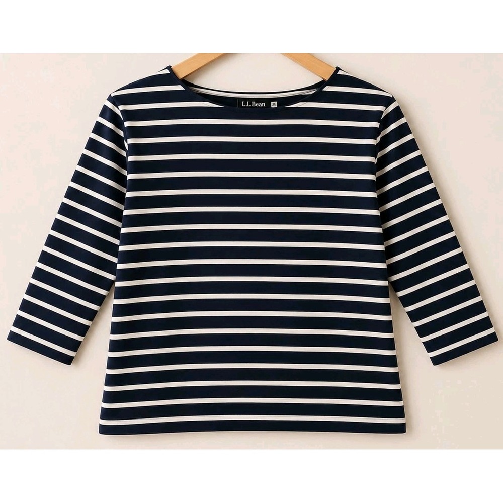 L.L.Bean Medium Stripe Top Navy White Boat Neck Cotton 3/4 Sleeve Coastal